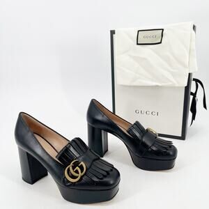 Gucci Malaga Kid GG Marmont Fringe Kiltie Platform Loafer Pumps EU 36.5 Black